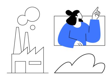 Duman yayan fabrika, aşağıda stilize bulutlar ve yeniliği işaret eden bir kadın. Teknoloji, endüstri, bulut hesaplama, sürdürülebilirlik, imalat, kavramsal tasarım için ideal basit düz