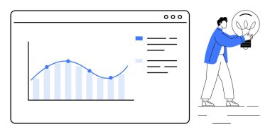 Interactive chart with data points and a man holding a glowing lightbulb. Ideal for innovation, business analysis, growth, creativity, planning, idea generation, and teamwork. Simple flat metaphor