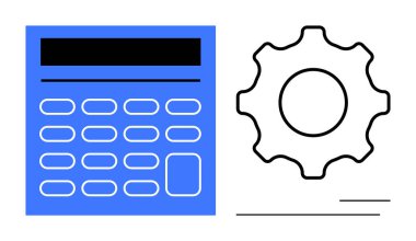 Blue calculator next to outlined black gear, signifying computation, optimization, and efficiency. Ideal for business, technology, finance, management engineering workflow strategy. Simple flat