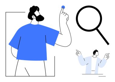 Adam büyüteç motifli küçük bir nesneyi işaret ediyor ve ikinci bir figürle odaklanıyor. Araştırma, analiz, keşif, dikkat, araştırma, odaklanma ve gözlem için ideal. Basit düz metafor