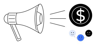 Megaphone highlights financial focus with dollar sign and emotive customer feedback. Ideal for advertising, marketing, communication, sales growth, feedback, audience engagement, simple flat metaphor