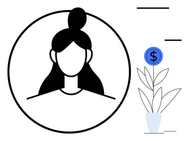 Minimalist female face inside a circle with a growing potted plant alongside a dollar symbol in blue. Ideal for business, finance, personal growth, investment, leadership, sustainability, minimal