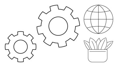 Interconnected gears, a grid-thumbs up globe, and a potted plant representing progress, global connection, and eco-conscious growth. Ideal for teamwork, sustainability, development, innovation