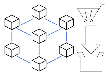 Diagram with interconnected cubes symbolizing blockchain, shopping cart, downward arrow, and open box. Ideal for technology, e-commerce, delivery, supply chain, logistics innovation digital