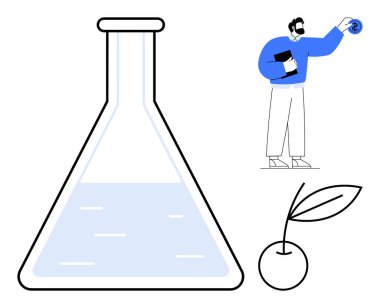Scientist examines DNA beside lab flask and plant icon, symbolizing research, biotechnology, sustainability, environment, science, innovation, and growth. Ideal for science innovation and research