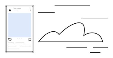Smartphone screen with social media UI next to minimalistic cloud and line elements. Ideal for technology, networking, digital communication, online sharing, cloud storage, social media, content