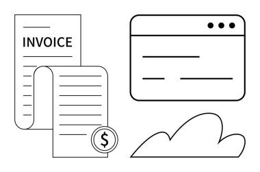 Invoice paper, financial document with dollar sign, browser window, cloud icon. Ideal for billing, cloud computing, finance, digitalization e-commerce accounting and paperless workflows. Clean