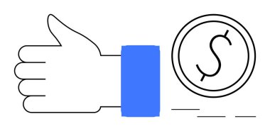 Hand giving thumbs-up next to coin with dollar sign. Ideal for finance, investment, approval, success, reward, feedback, economic growth. Simple flat metaphor