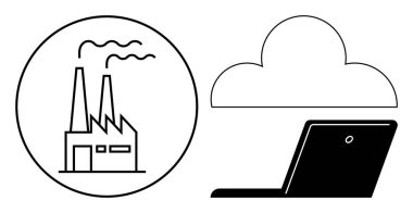 Factory with chimneys, a cloud, and a laptop representing smart manufacturing, cloud integration, and digital tools. Ideal for industry 4.0, IoT, cloud computing connectivity innovation digital