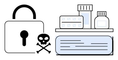 Kilit, kafatası ikonu, haplar, ilaç şişeleri ve güvenlik ve sağlık risklerini vurgulayan bir belge. Sağlık, güvenlik, önlem, tehlike ve farkındalık eğitimi için ideal. Basit düz metafor