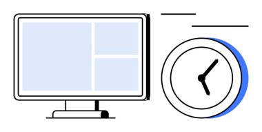 Computer monitor with grid display next to a ticking clock visualizing time management, digital efficiency, and productivity. Ideal for scheduling, focus, deadlines, multitasking, office work