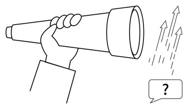 Hand holding a telescope looking at upward arrows and a question bubble. Ideal for growth, strategy, exploration, opportunity, vision, future planning, decision-making. Simple flat metaphor