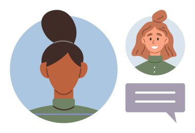 Bir kadının profili ve bir diğerinin gülen yüzü konuşma baloncuğunun yanında. İletişim, takım çalışması, diyalog, etkileşim, sosyal bağlantı, sohbet, hikaye anlatma için ideal