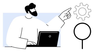 Bearded man using laptop and pointing at gear and magnifying glass, suggesting search and optimization tasks. Ideal for technology, teamwork, development, research, management, innovation, simple