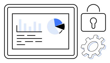 Tablet screen displaying a chart and graph alongside a security lock and a gear. Ideal for data security, analytics, technology, management, cybersecurity, settings, and digital tools. A simple flat