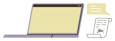 Laptop with blank screen, chat bubble representing discussion, and signed document. Ideal for remote work, digital agreements, e-signature, virtual communication, document verification, online