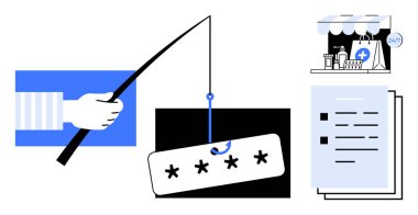 Hand holding phishing hook with password, storefront, and documents. Ideal for online security, fraud, hacking, data safety, scam prevention, password protection digital identity a simple flat
