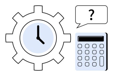 Vites biçimli saat, soru işaretli konuşma balonu ve zaman yönetimini, verimliliği, problem çözmeyi, karar verme mekanizmasını, verimliliği, finansal planlamayı ve analizi sembolize eden hesap makinesi. Basit.