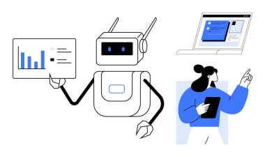 Robot analyzes and presents data on a chart, professional with a tablet collaborates, digital interface displayed. Ideal for AI, teamwork, education, data analysis, technology, innovation