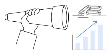 Hand holding telescope symbolizes future vision alongside coins and bar chart with upward arrow showing financial growth. Ideal for strategy, business, success, investment, innovation, planning