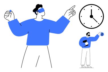 Person wearing VR headset interacting with objects, hand-held device, and clock symbol. Ideal for technology, innovation, productivity, time management, virtual communication, gaming simple flat