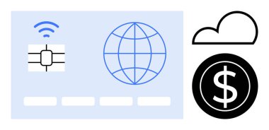 Credit card with wireless chip, globe symbolizing global transactions, cloud storage, and dollar sign. Ideal for finance, e-commerce, online banking, fintech, globalization digital economy