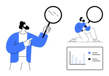Two individuals using magnifying glasses to investigate data accompanied by a bar chart and list. Ideal for research, analysis, examination, focus, problem-solving, data discovery, teamwork. Simple