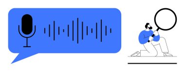 Soundwave inside speech bubble with microphone icon and kneeling person using magnifying glass. Ideal for audio recognition, podcasting, voice processing, technology, speech analysis, research