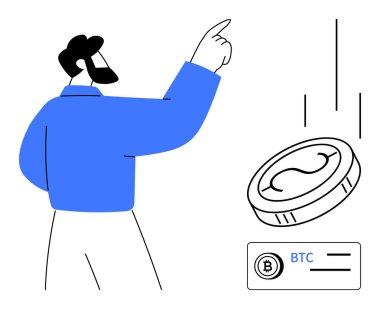 Man pointing upwards, falling bitcoin coin, cryptocurrency symbol, and transaction bar. Ideal for crypto economy, blockchain, digital currency, financial concepts, online trading fintech simple
