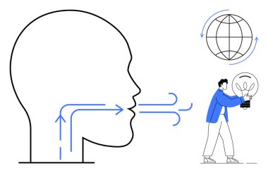 Abstract human profile with arrows representing communication, globe with arrows for global connection, and person holding light bulb for idea sharing. Ideal for communication, innovation, teamwork