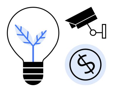 Lightbulb with sprouting leaves symbolizing eco-friendliness, surveillance camera for security, and dollar sign representing financial aspects. Ideal for sustainability, technology, economy