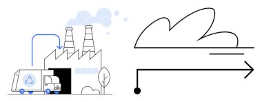 Recycling truck enters factory with chimneys emitting smoke, connected to an abstract looping arrow. Ideal for sustainability, recycling, industry, pollution, logistics, environment, and circular