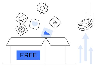 Open box labeled FREE with icons thumbs up star, cart, heart, and globe representing services, apps, or products. Coin and arrows suggest value creation, upward growth. Ideal for business marketing