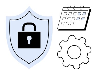 Shield with padlock representing security, calendar symbolizing scheduling, and gear for operations. Ideal for cybersecurity, planning, organization, strategy, protection, workflow simple flat