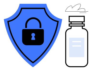 Blue shield with padlock symbolizes protection, next to a small labeled medical bottle. Ideal for healthcare, security, vaccine safety, digital data protection, pharmaceutical trust, risk management