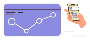 Line chart representing data trends beside hand holding a phone with security verification code. Ideal for technology, cybersecurity, finance, analytics, data protection, digital safety, simple flat