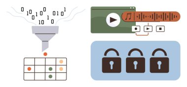 Data funnel transforming binary code into organized grid multimedia playback interface three locks symbolizing cybersecurity. Ideal for data analysis, security, digital media, encryption, content clipart svg vector 