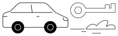 Simplistic car alongside a large key and motion lines indicating movement and unlocking potential. Ideal for transportation, security, accessibility, mobility, travel, innovation, automotive themes