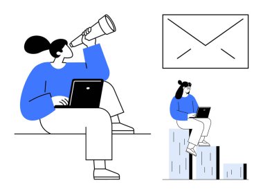 Woman with laptop and telescope explores opportunities, sits on chart representing progress and analysis. Ideal for growth, communication, business, exploration, productivity, achievement, success