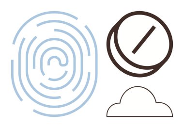 Blue fingerprint, brown circular chip with a diagonal line, and a simple cloud. Ideal for biometrics, authentication, cloud computing, data storage, security networking privacy. Simple flat