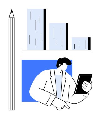Man in suit reviewing data on a tablet, bar chart indicating growth, pencil symbolizing planning and creativity. Ideal for business, data analysis, planning, strategy, creativity, education