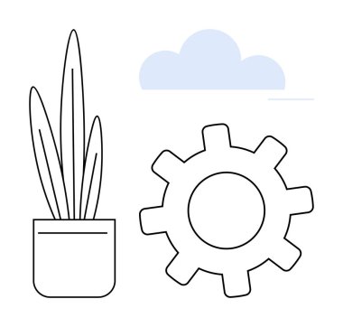 Üstünde bulut olan bir dişlinin yanındaki saksı bitkisi uyum, yenilik ve gelişimi akla getiriyor. Doğa, teknoloji, modernleşme, sürdürülebilirlik, verimlilik eko-ticaret minimalizmi için idealdir. Basit.