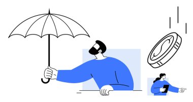 Person holds umbrella shielding falling coins, representing financial security while assisting coworker with a tablet. Ideal for insurance, investment, teamwork, support, guidance, protection, simple