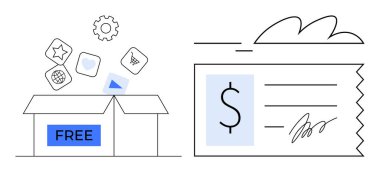 Open box labeled Free releasing app icons and a gear, next to a receipt with a dollar sign. Ideal for innovation, technology, e-commerce, discounts, transactions, apps growth. Clean flat metaphor