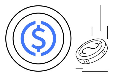 Stylized dollar sign within a circle alongside a simple falling coin. Ideal for cryptocurrency, virtual finance, monetary systems, economic growth, investment, digital payment, blockchain. Clean