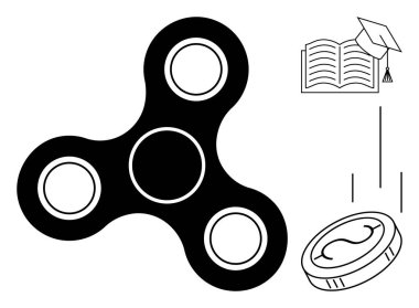 Black fidget spinner with an open book, graduation cap, and coin illustrating focus, education, success, productivity, innovation, youth and financial growth. Ideal for simple flat metaphor