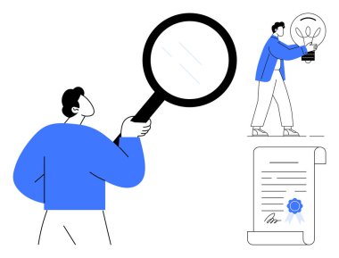 Man holds magnifying glass, another presents lightbulb idea, and certification paper with seal. Ideal for research, innovation, analysis, creativity, success education problem-solving. Simple flat