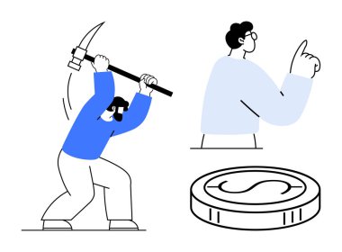 Worker using pickaxe for mining, individual pointing upward, coin depicting value. Ideal for labor, economy, mining, finance, wealth generation teamwork progress concepts. Simple flat metaphor