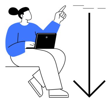 Woman sitting with laptop gestures upward near large downward arrow. Ideal for guidance, direction, decision-making, planning, focus, strategy, future. A clear and simple flat metaphor