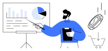 Man in blue shirt presenting graphs and pie chart on board while pointing to data. Coin dropping into shopping cart. Ideal for finance, investment, sales, strategy, planning, growth analysis. Simple